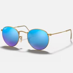 RAY BANS ROUND FLASH LENSES BLUE LENSES MATTE GOLD FRAME